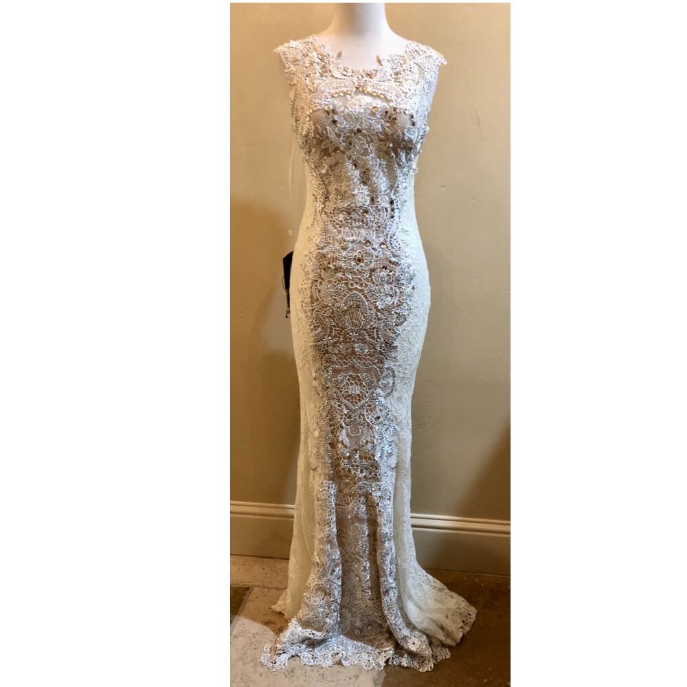 Mac Duggal Illusion Beaded Lace Mermaid Wedding Gown